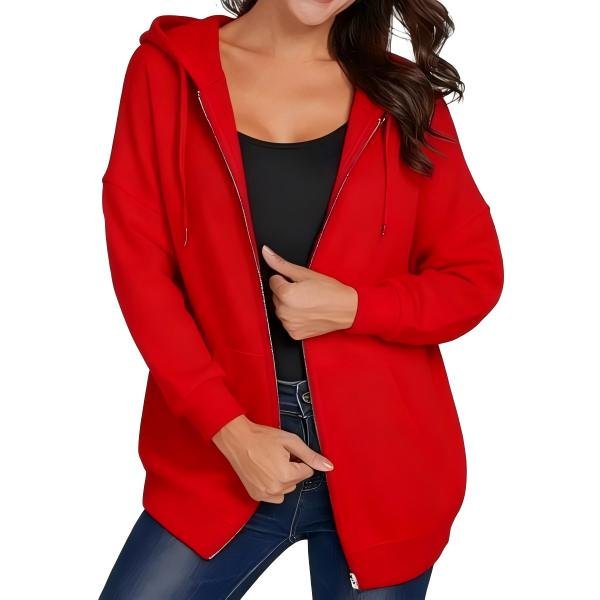 Women's Red Hooded Zip-Up Cardigan