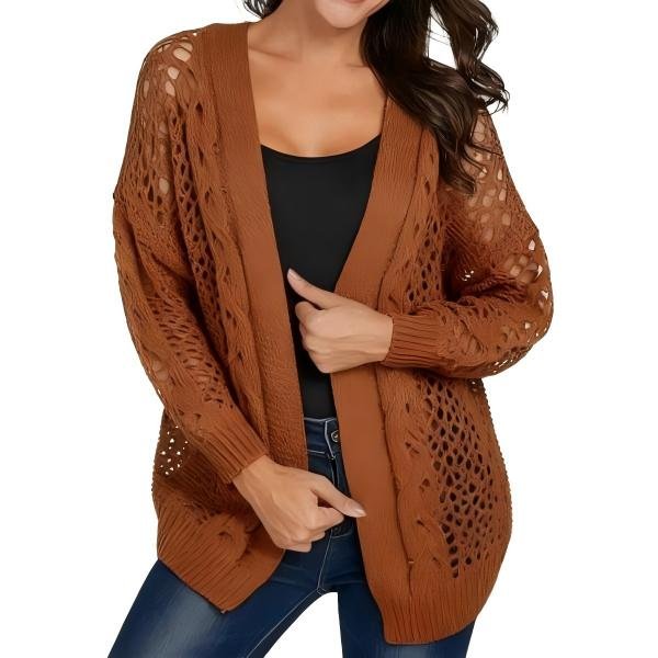 Women's Brown Openwork Cable-Knit Cardigan