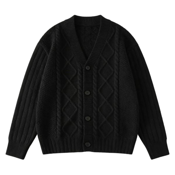 Black V-Neck Cable-Knit Cardigan