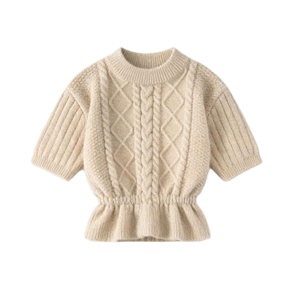 Beige Short-Sleeve Cable-Knit Peplum Sweater