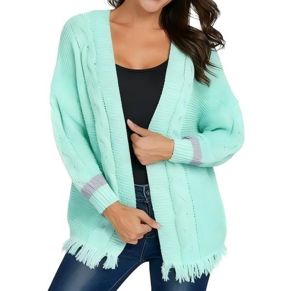 Women's Mint Green Fringe-Hem Cable-Knit Cardigan
